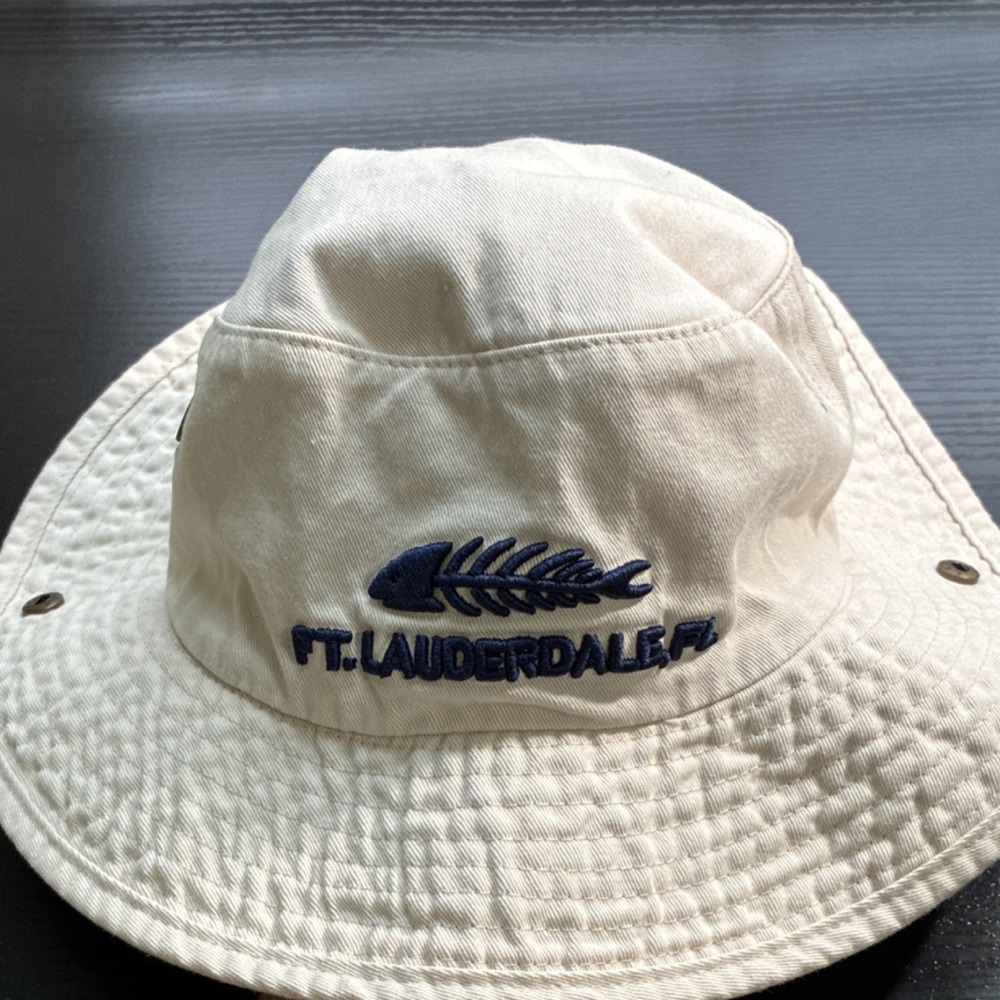 FT. LAUDERDALE, FL Beige Wide Brim Cotton Hat Embroidered Chin Strap Ventilation - Picture 2 of 6